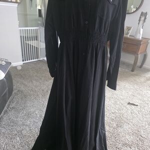 Classic Black Maxi Shirt Dress with Shirred Waist